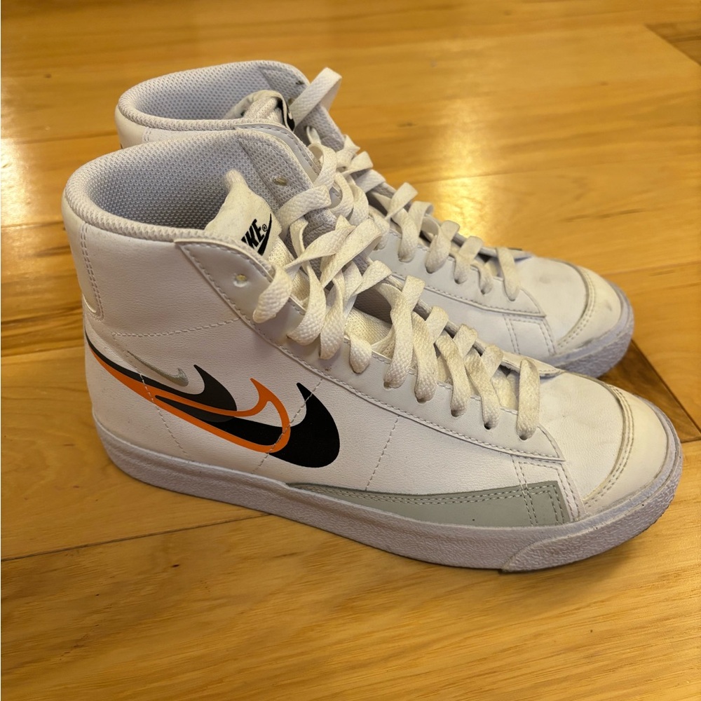 Nike White Blazer High-Tops with Orange and Black Swoosh